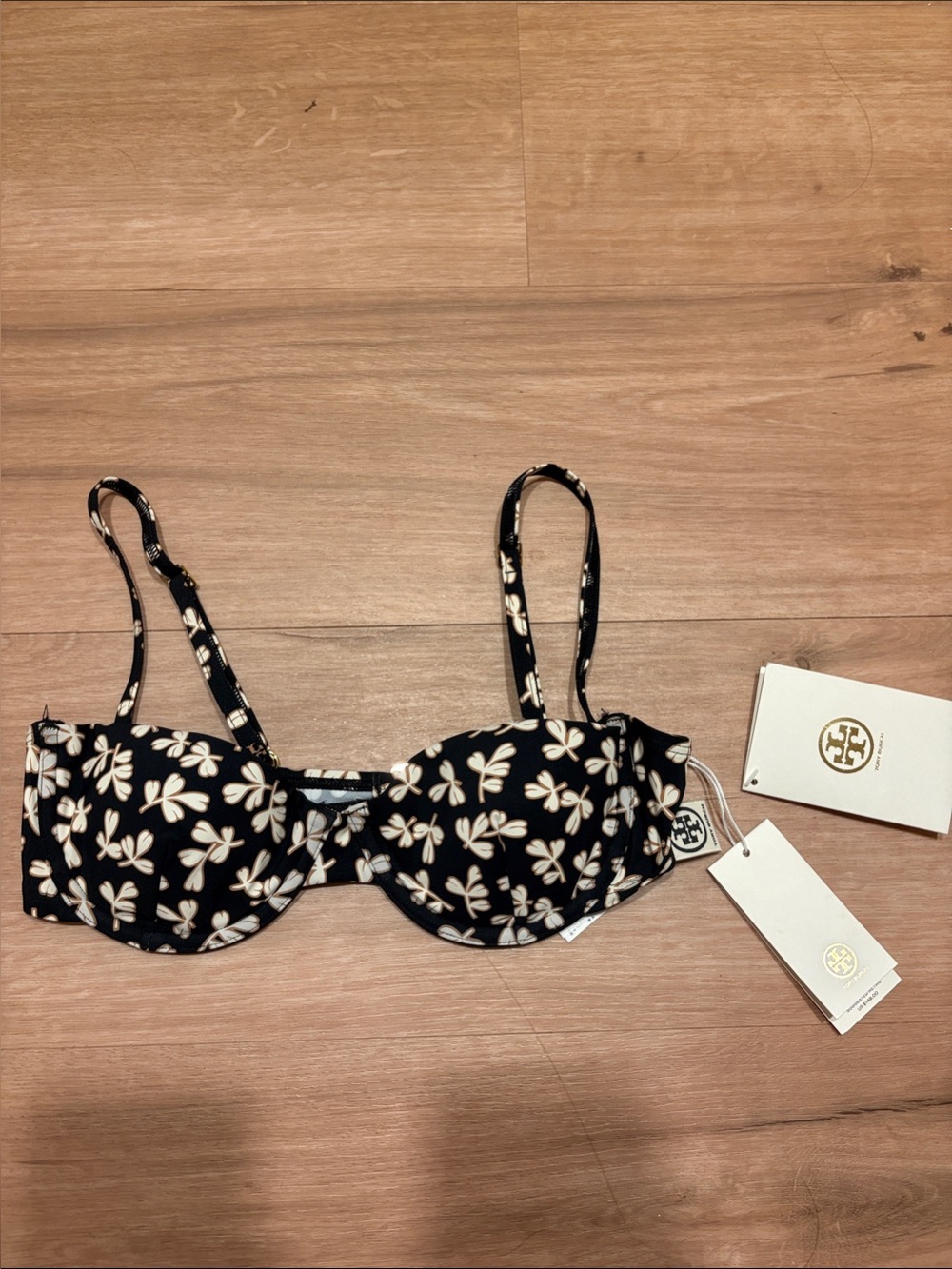 Tory Burch Black and Cream Floral Underwire Bikini Top